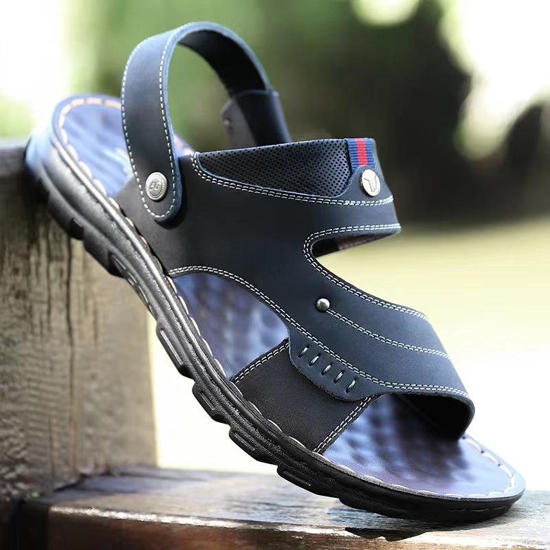 2025 summer men's drag wear dual-purpose beach shoes men's hand-stitched leather breathable cool slippers 1802