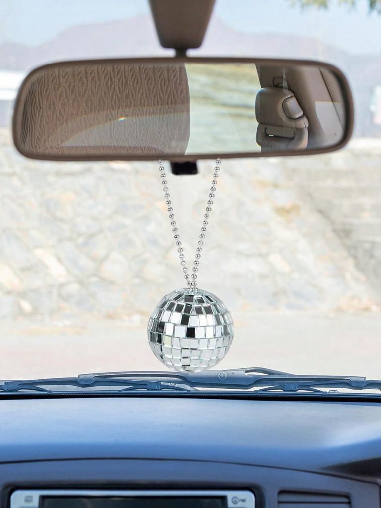 Zrcadlová koule na auto, Lesklá reflexní zrcadlová koule, Kovový řetízek, Třpytivá závěsná dekorace do interiéru auta, 360° odraz světla