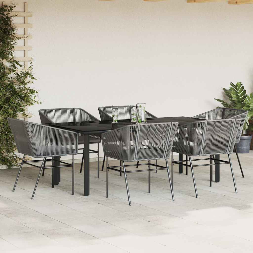 7 Piece Outdoor Dining Set with Cushions Gray Poly Rattan Glass Table