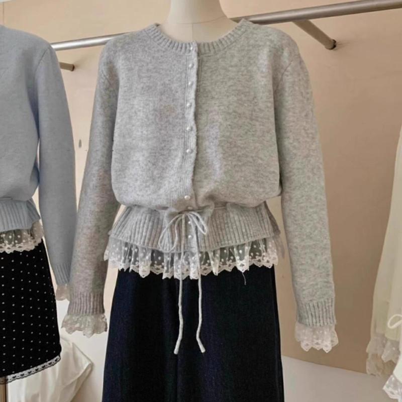 Spring and Autumn New Lace Splicing Sweet Knitted Cardigan Top Women's Waist Skinny Lace Sweater Jacket Women
