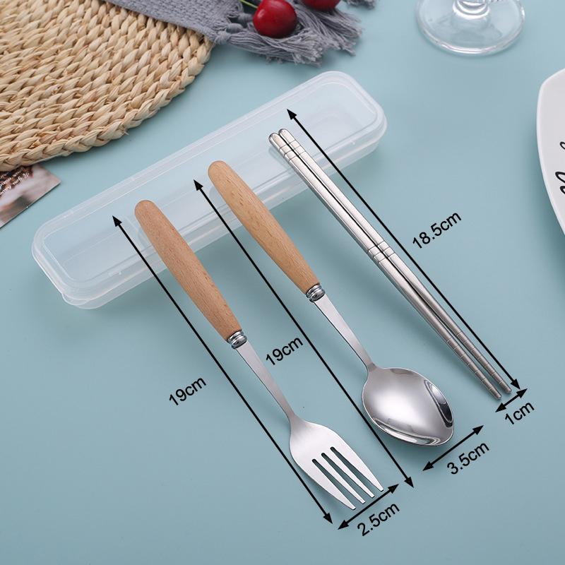Wooden-Handled Cutlery Set Stainless Steel Spoon Fork And Chopsticks Set Three-Piece Cutlery Box Set