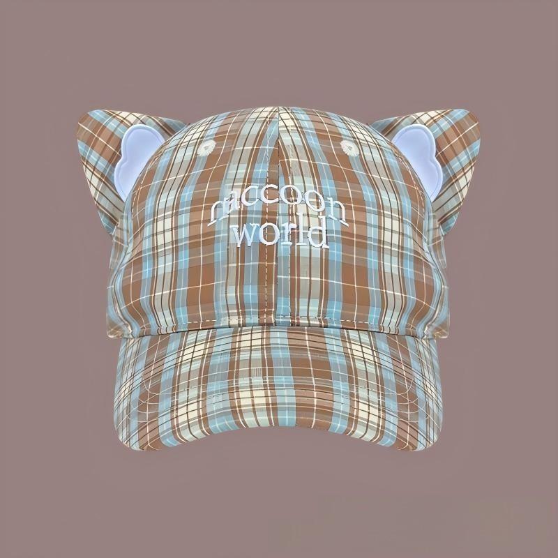 Cotton Checkered Cat Ear Embroidered Baseball Cap With Sun Protection For Women