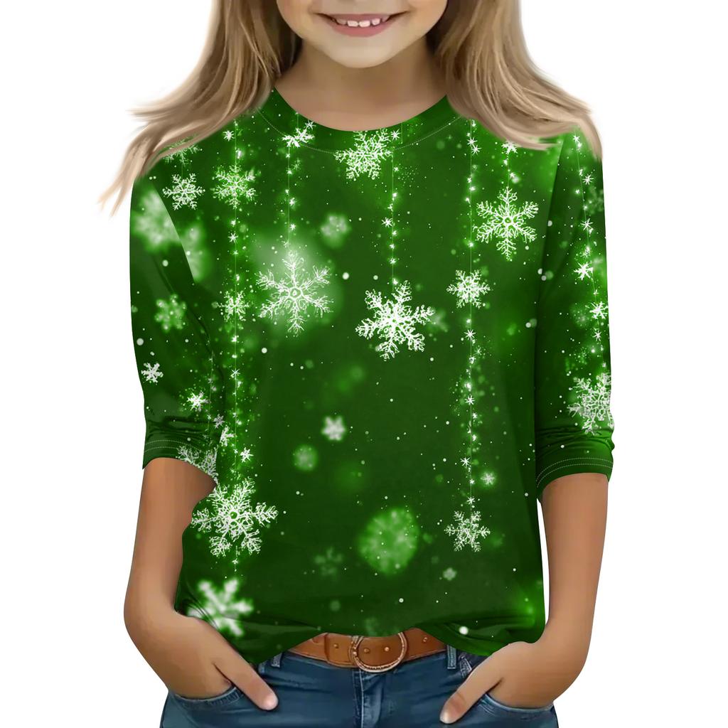Christmas Day Print Tops For Youth Girls 5-16 Years Round Neck 3/4 Sleeves T-Shirts Trendy Tops Outfit Tees