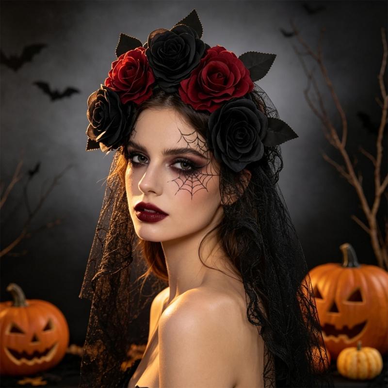 Rose Lace Headband for Women, Gothic Costume Headpiece for Halloween Parties, Cosplay Styling, Stage and Photo Looks