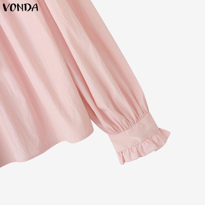 VONDA Elegant Women Bows Tie Ruffled Loose Casual Long Sleeve Blouse