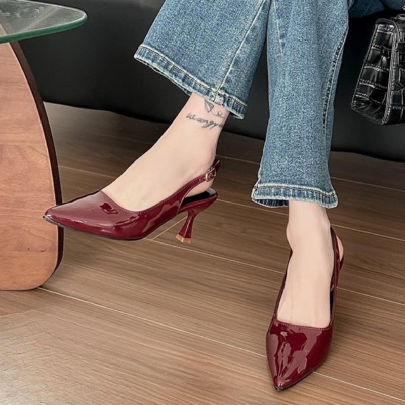 Fashion Patent Leather Wrapped Toe Sandals Women's Spring and Summer New Bow One Strap Non-slip Pointed Toe High Heels