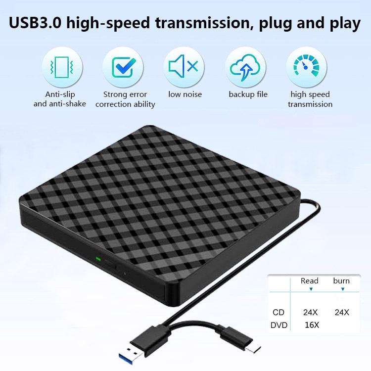 Externá DVD napaľovačka s dvoma USB portami: Optická jednotka pre stolný počítač, notebook a mobilné zariadenie.