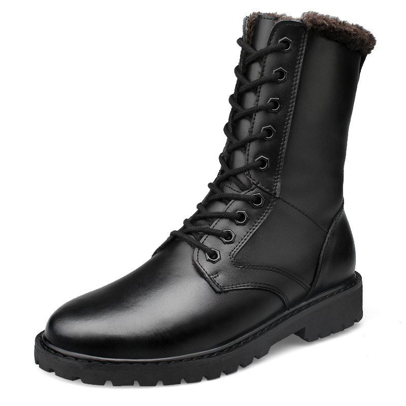 Cotton high-top tall cowhide Martin boots flat-bottomed round boots work outdoor lace-up side zipper hollow boots men