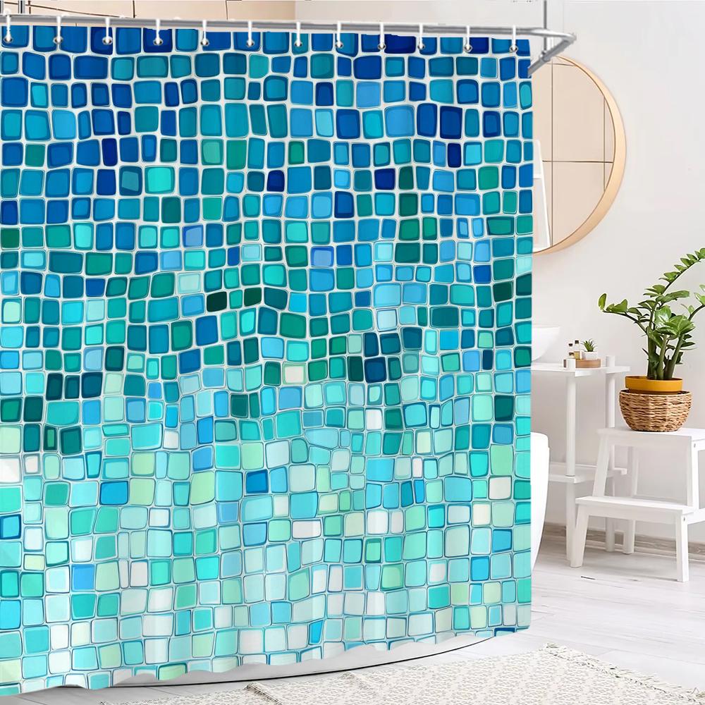 Moderner einfacher Mosaik-Duschvorhang, Blau karierter Duschvorhang für das Badezimmer, Wasserdichter Duschvorhang mit Haken