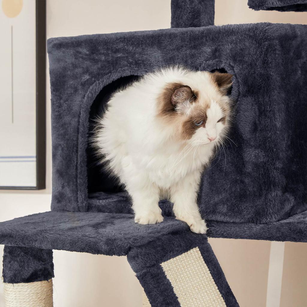 FEANDREA Kattenboom, 206 cm Grote Katten Toren met 13 Krabpalen, 1 Krabhelling, 2 plateaus, 2 Manden, Hangmat, Pompons