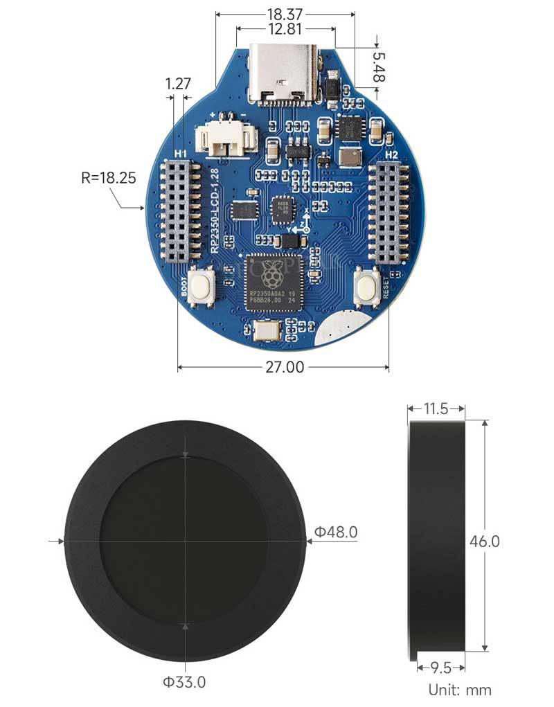 Placă de dezvoltare LCD rotundă Raspberry Pi Pico 2 RP2350 cu senzor pe 6 axe