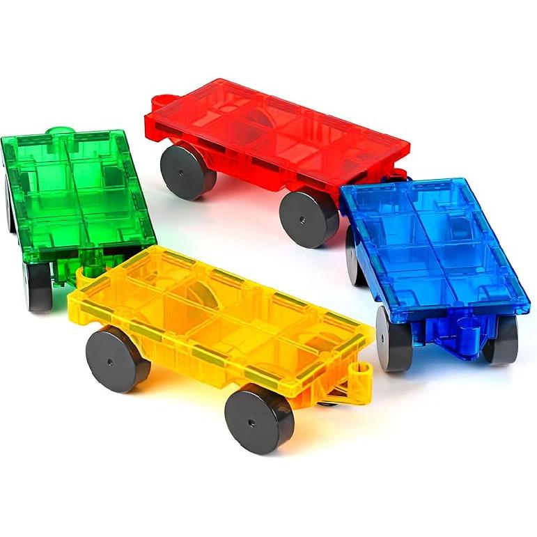 Magnetic Tiles Cars Construction Set - 4 PCS Magnetic Tiles Magnet Bricks Truck Sensory Toys, Educational Magnet Cars Set Building Blocks for 3 4 5 6 Blue Set