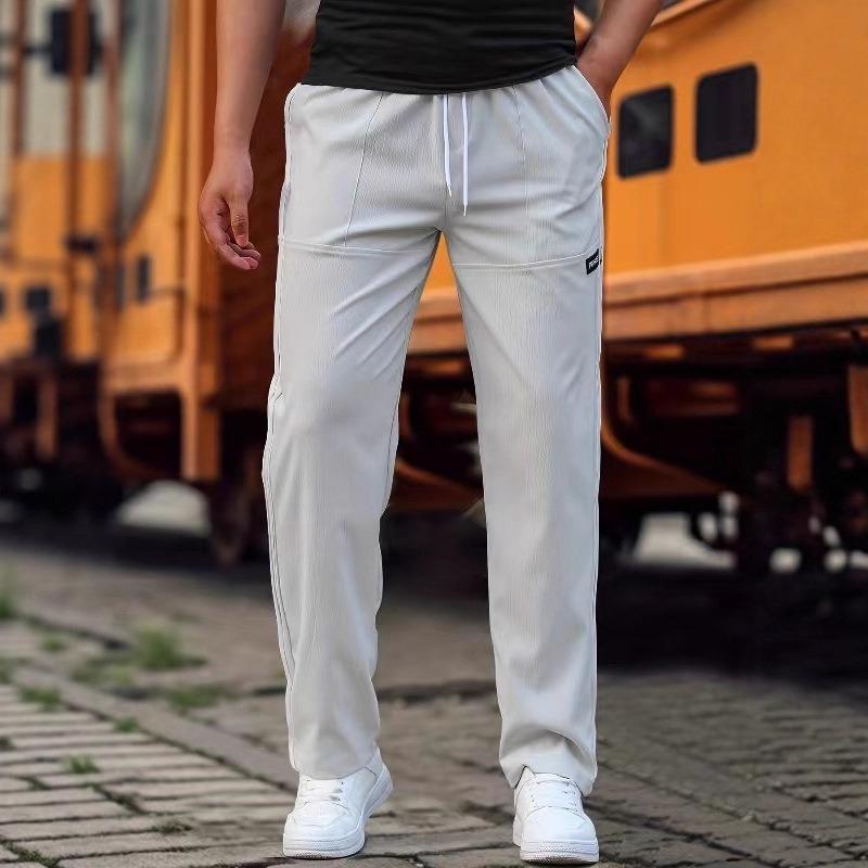Men s Light Grey Textured Straight Leg Pants Elastic Waist Casual Trousers S серый