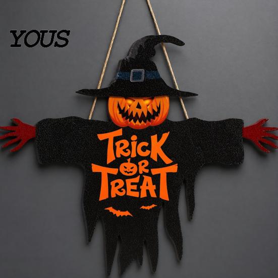 Halloween Window Decoration Wooden Hanging Door Sign, Scarecrow Pumpkin Wizard Ornament, Trick or Home Ornament Treat Plaque, Rustic Party Wall
