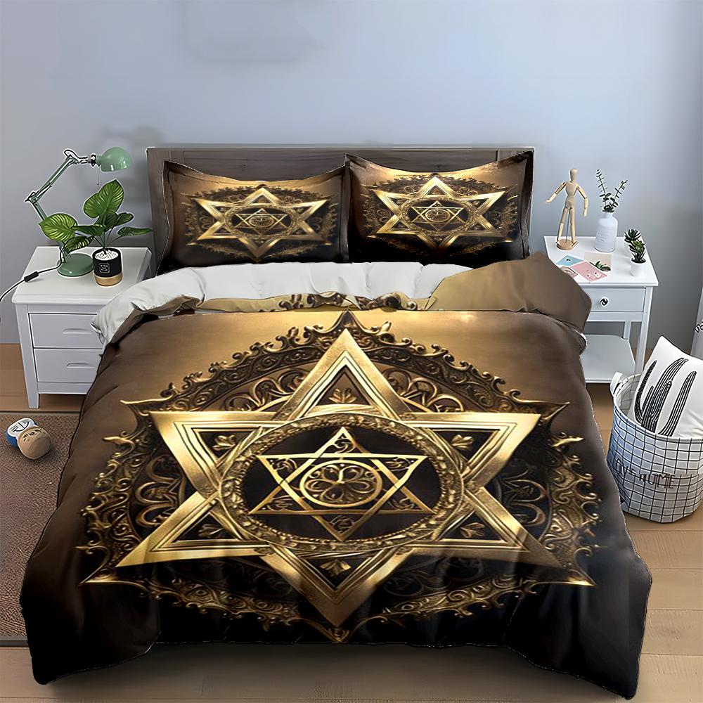 Golden Geometric Star Print Bedding Set Bedding Set (1 Duvet Cover, 2 Pillowcases, Duvet Not Included)