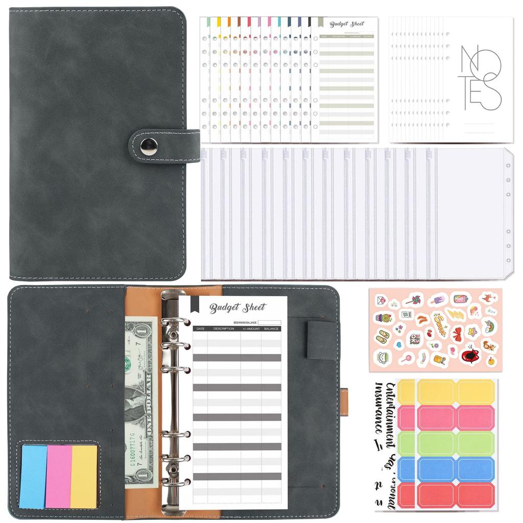 A6 Ring Binder Budget Planner 6 Holes Loose Leaf Notebook with Binder Pockets Money Envelopes Budget Sheets Label Stickers Notebook Ring Binder