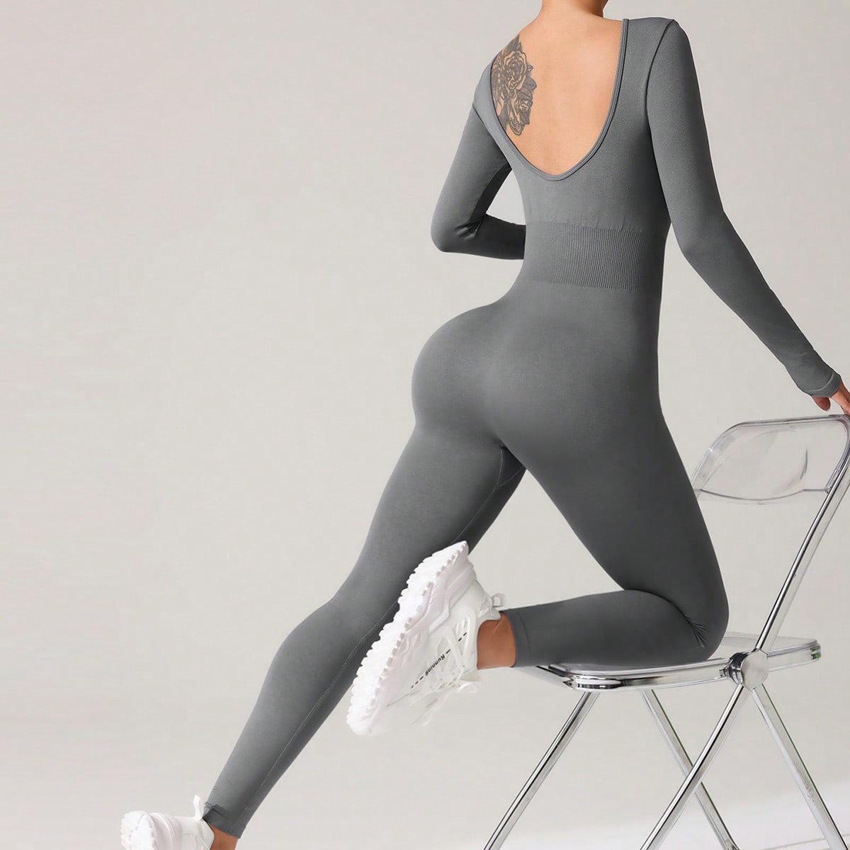 

Женский комбинезон с длинным рукавом в европейском и американском стиле - Боди для фитнеса и йоги S темно-серого