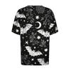 Women's Casual Halloween Short Sleeve Pullover Top Bat Pumpkin Print Round Neck Relaxed Fit Shirt for Fall
