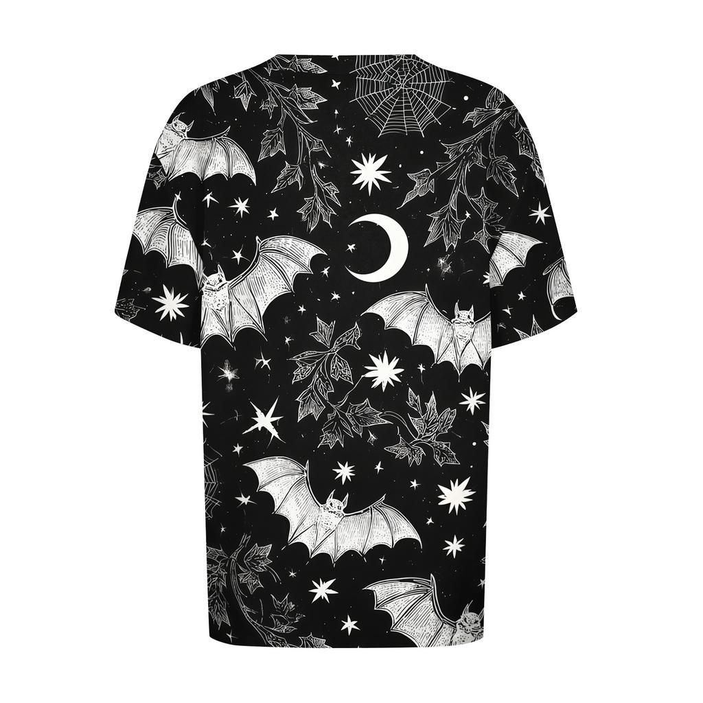 Women's Casual Halloween Short Sleeve Pullover Top Bat Pumpkin Print Round Neck Relaxed Fit Shirt for Fall