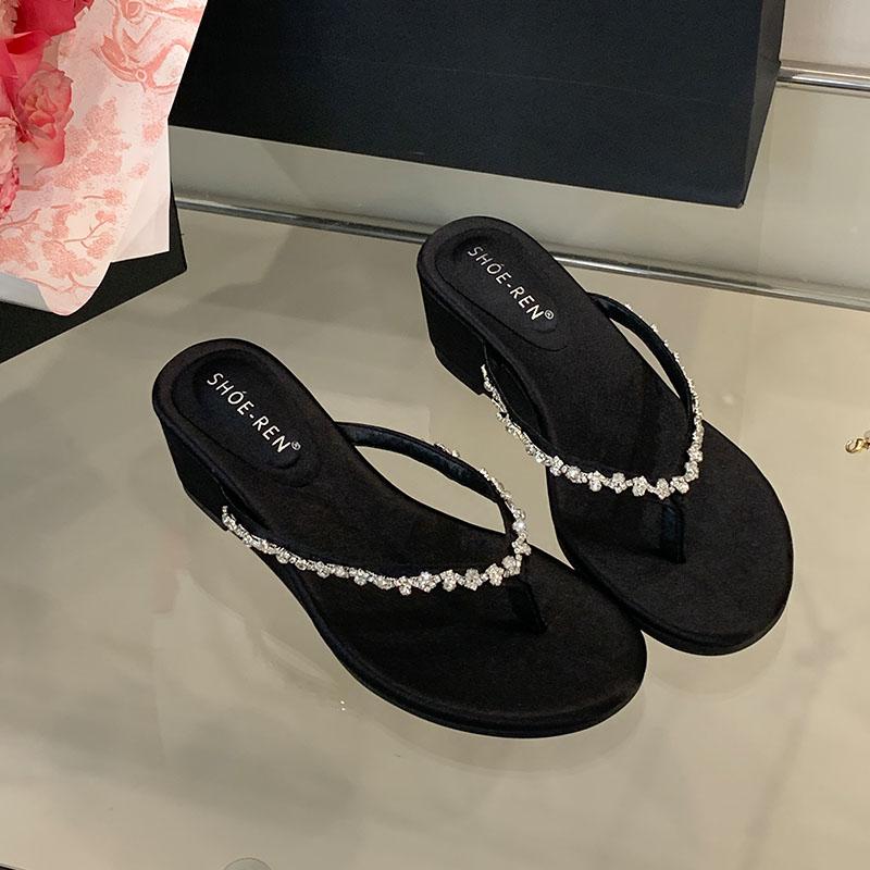 

Fashion Female Wedges Sandals Slippers Slides Shoes For Ladies New In Summer Beach Flip flops Fashion Bling Women Heeled Slippers Shoes 35 чёрный