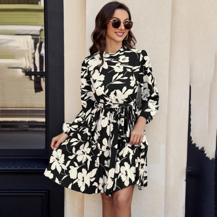 Summer Floral Casual Women Short Dress Round Neck Full Sleeve Fashion Printed