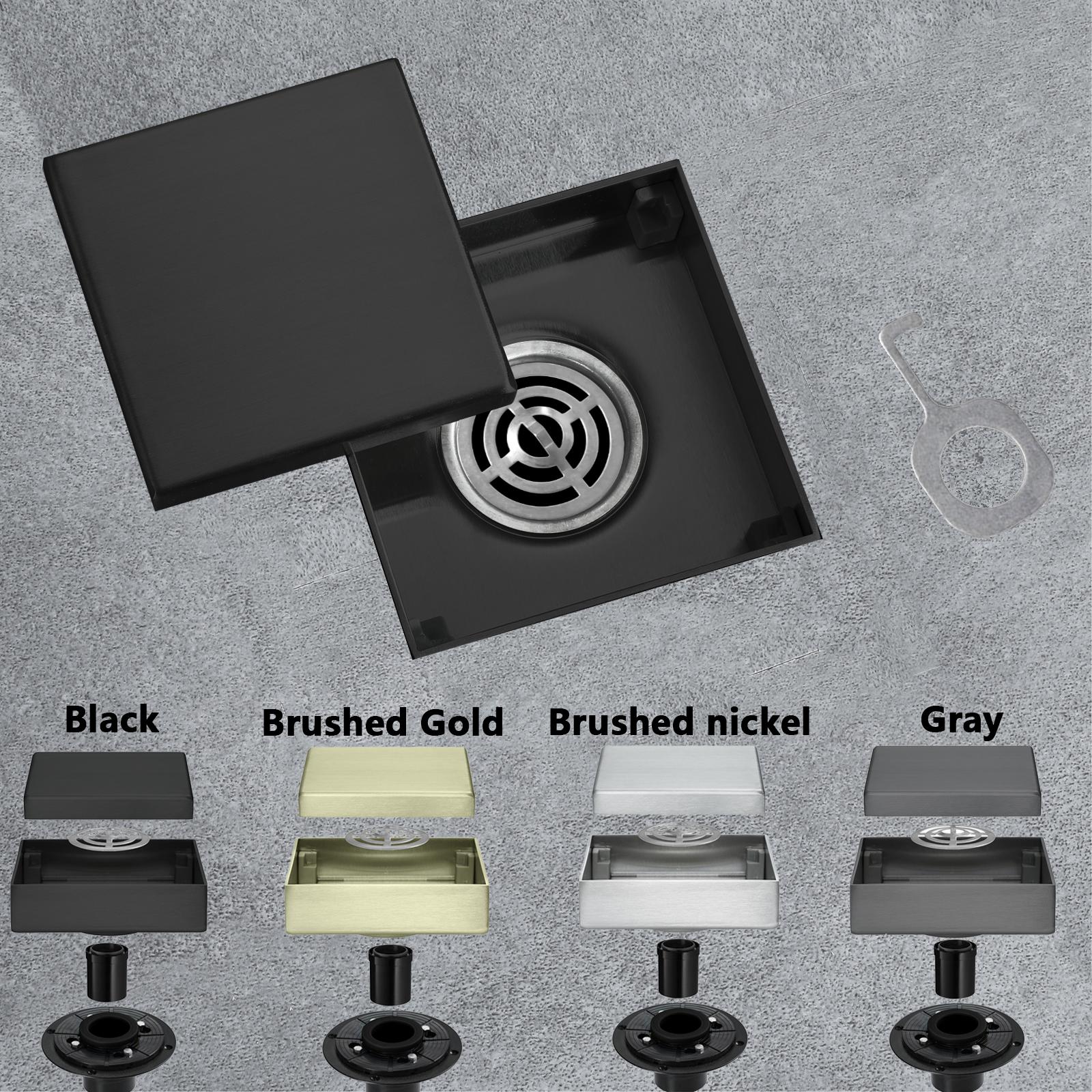 HIDEEP Tile Insert Bathroom Shower Anti-odor Drains 4 Inches Square Black/Brushed Nickel /Brushed Gold/Gray/ Stainless Steel Toi (Gray,Stainless Steel)