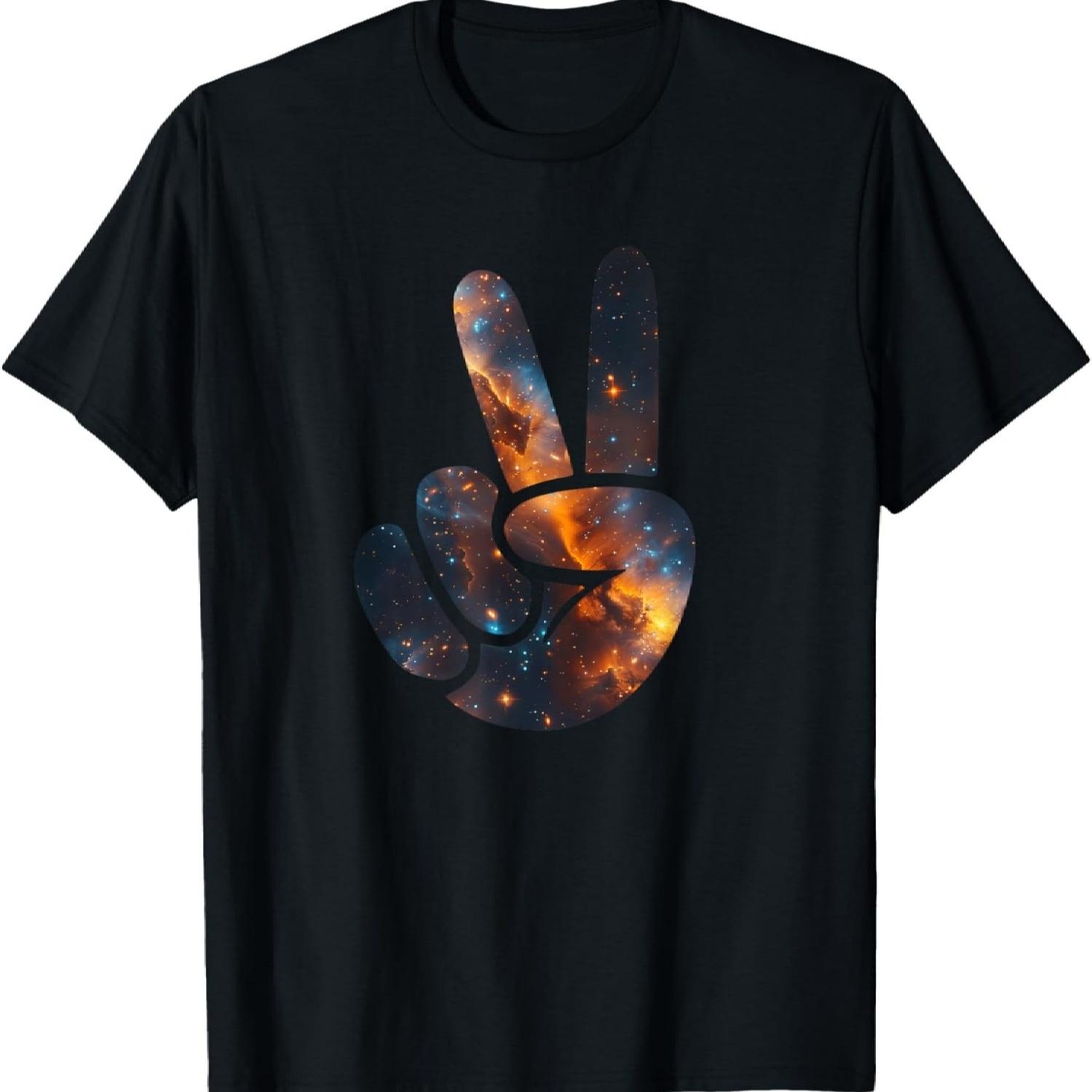 Aesthetic Silhouette Stars Space Galaxy Peace Sign Hand T-Shirt(8) S чёрный