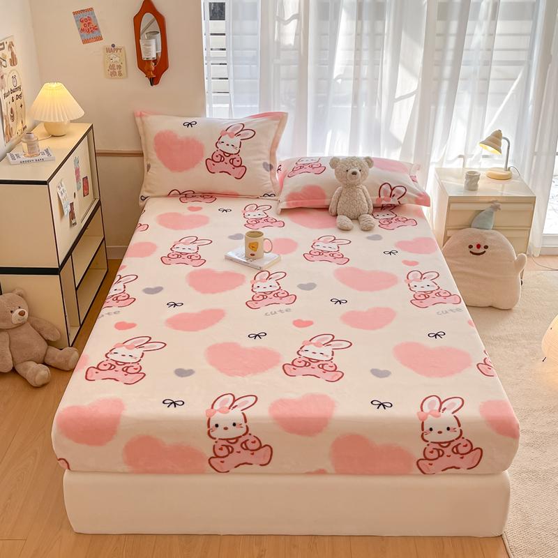 Cute Cartoon Bear Pattern Flannel Fitted Sheet Set Warm Breathable Super Soft Deep Pockets Mattress Cover for Kids Boys Girls