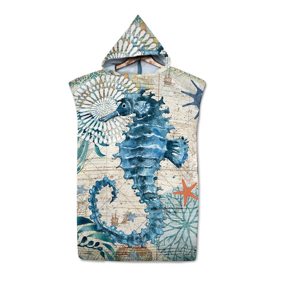 

Premium Ultra-fine Fiber Beach Towel Cape With Hood Ideal For Kids And Adults Sea Horse