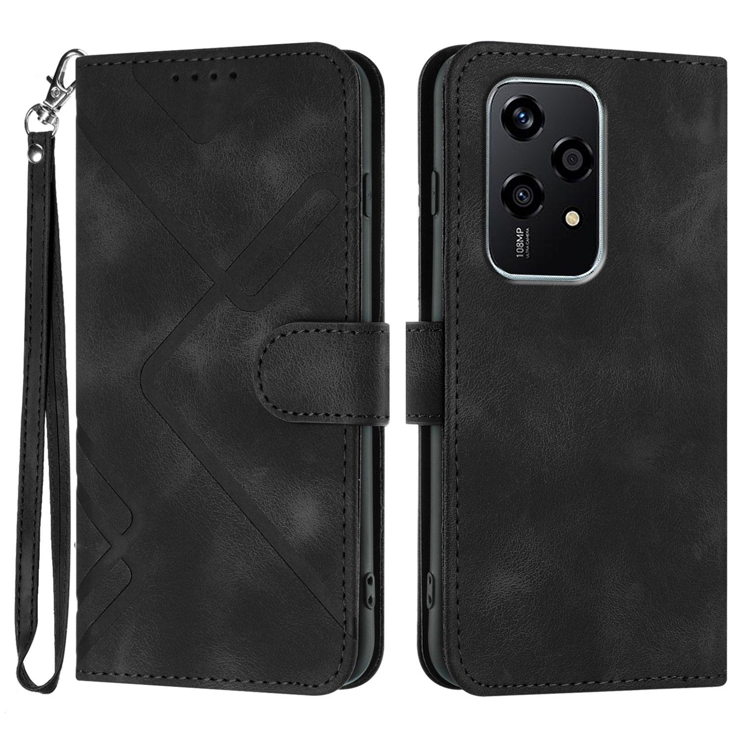 

For Honor 200 Lite Wallet Case Line Imprinted PU Leather Phone Cover with Strap Black