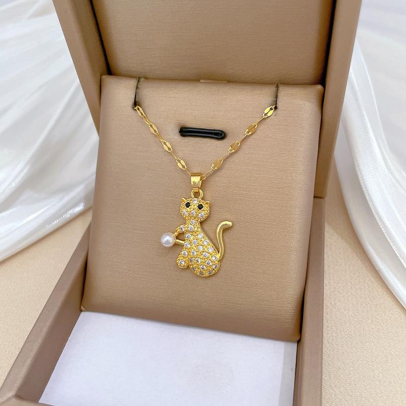 Titanium Steel Pearl Cat Light Luxury Temperament Gorgeous Full Diamond Necklace Female Versatile Collarbone Chain Titanium Steel Chain