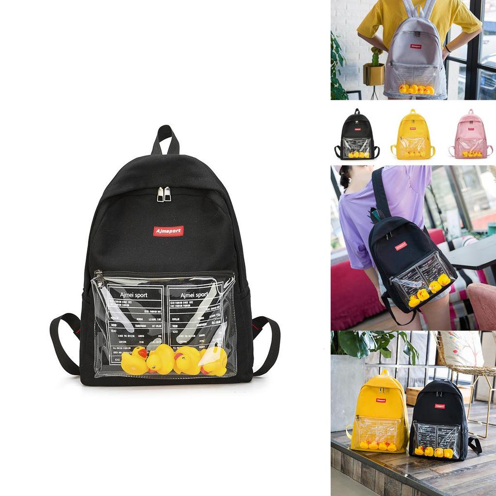 Durable Canvas Womens Backpack With Fun Duck Toy And Transparent School Bag Design