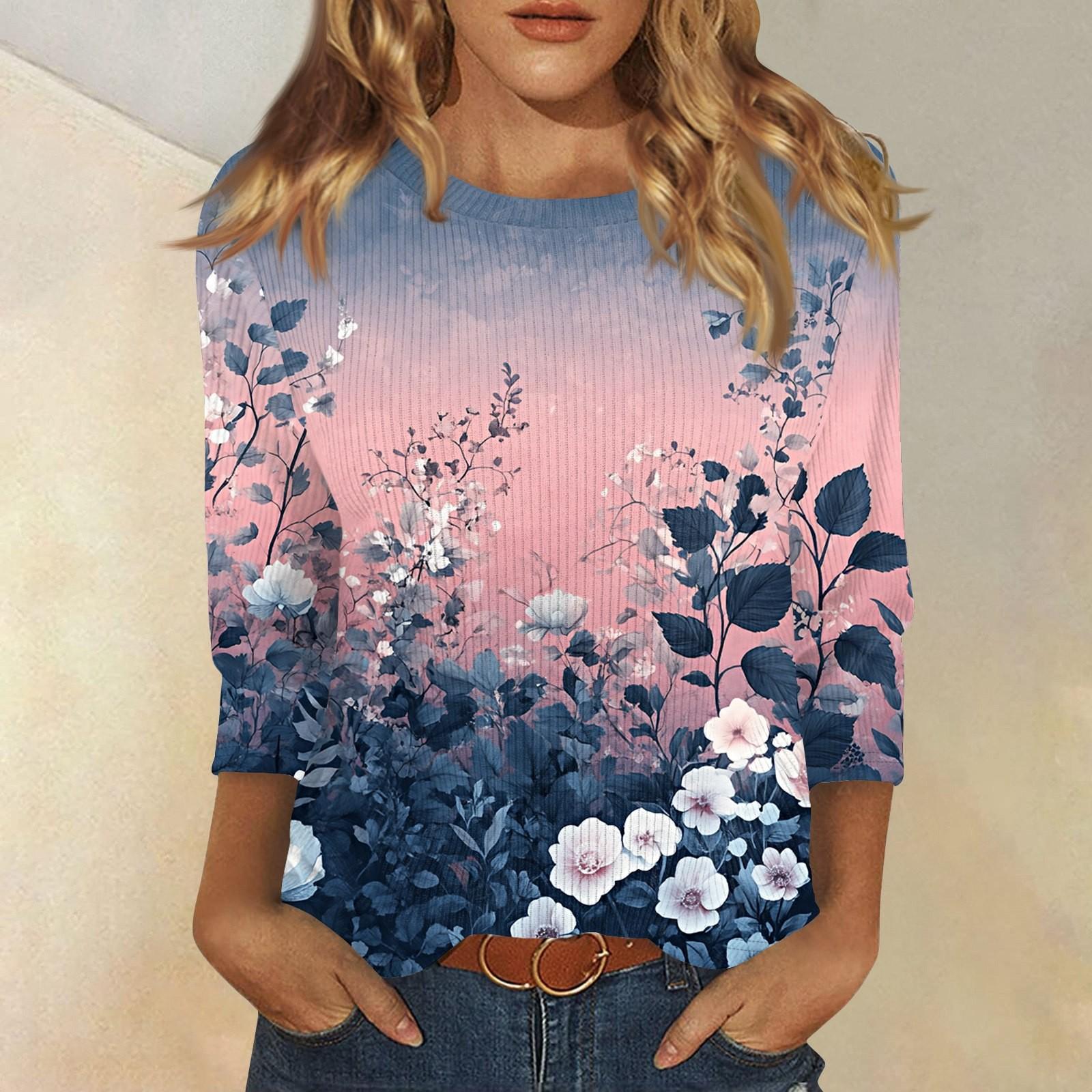 

3/4 рукава топы для женщин футболка повседневные принты топы футболка круглый вырез пуловер блузка XL розовый