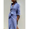 Wish Autumn Five-quarter Sleeve Striped Split Shirt Dress Women