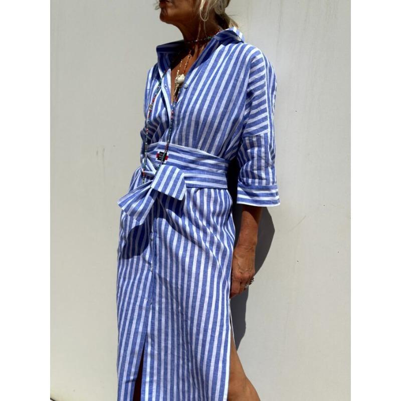 Wish Autumn Five-quarter Sleeve Striped Split Shirt Dress Women