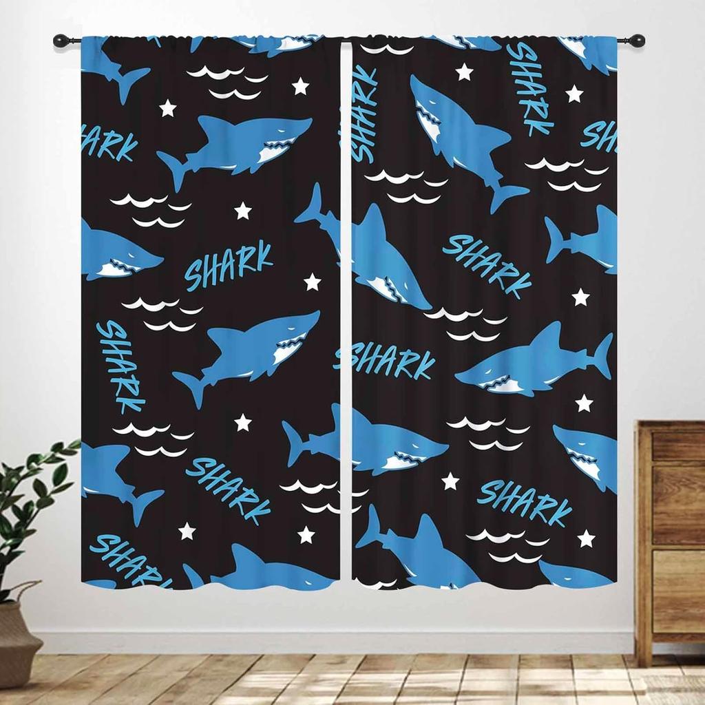 Blue Curtains Kids Room Cartoon Underwater Animals Sharks Turtles Nature Marine Plants Window Drapery Treatments Curtain Polyester Washable Children's