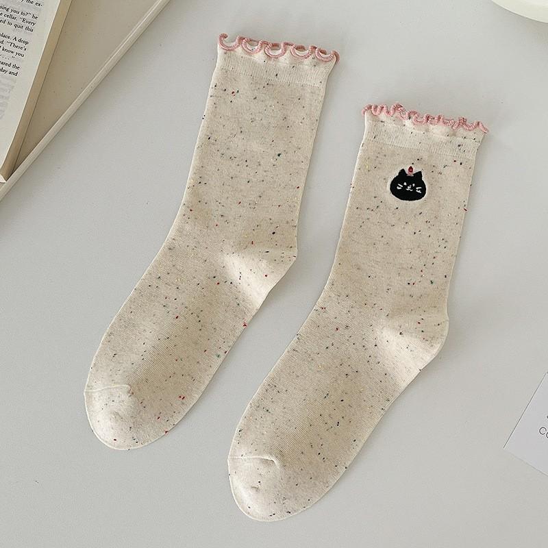 Socks Pure Cotton Stacking Socks Season Idea Yarn Cute Embroidery Cartoon Fungus Edge Cotton Medium Tube Socks