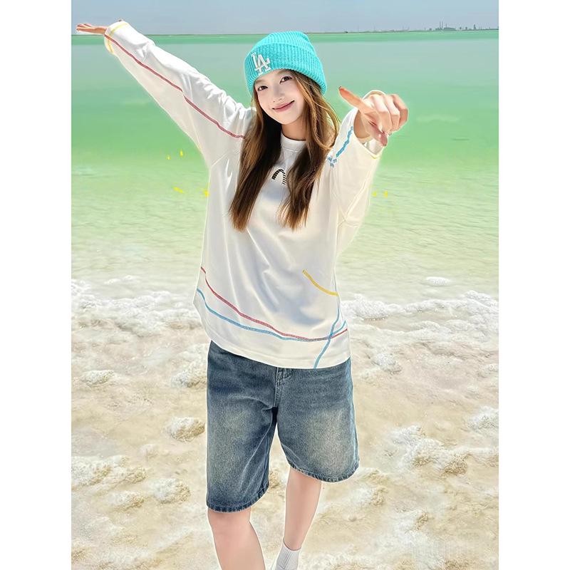 

Unisex American Style White Patchwork Long Sleeve T-Shirt - Autumn Sun Protection Casual Top 2XL білий