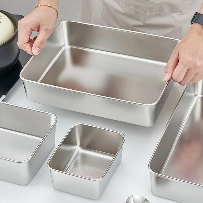 Food Storage Trays Rectangle Preservation Box with Plastic Cover Stainless Steel Multi-Function Rustproof Barbecue Food Storager