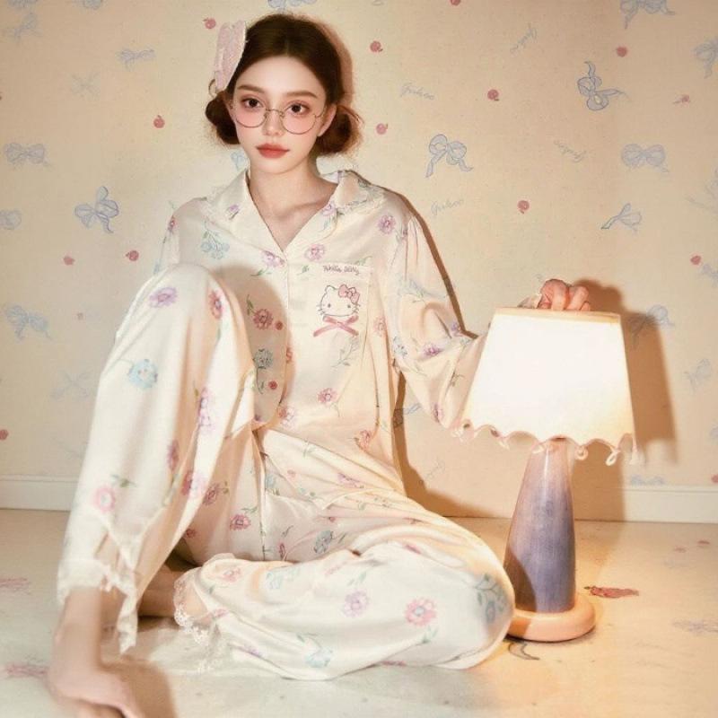 

Spring and Autumn long-sleeved new ice and snow silk pajamas female Internet celebrities popular cute girl KT cat cardigan loungewear M