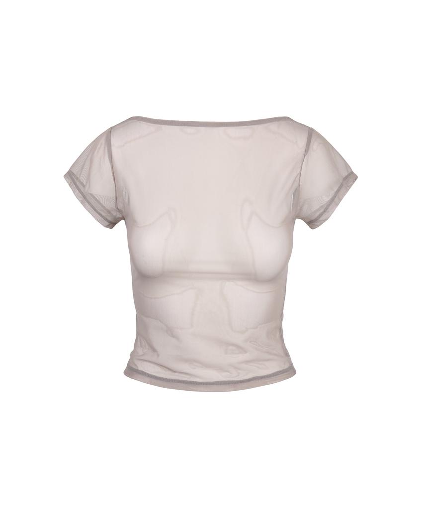 Gillaakaibeu Lettering Logo Backless Sheer Crop Top_Grey