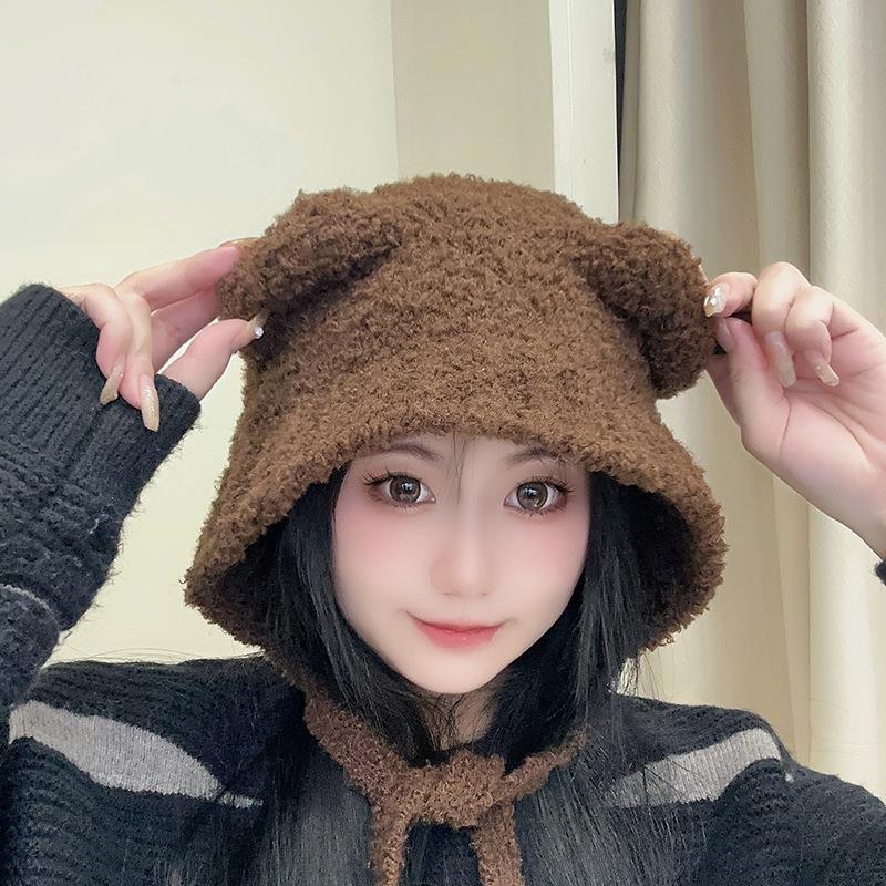 Plush Hat for Women In Winter Warm Bear Lace-up Ear Protection Hat Same Style Lei Feng Hat Showing Face Small Wool Hat Trendy