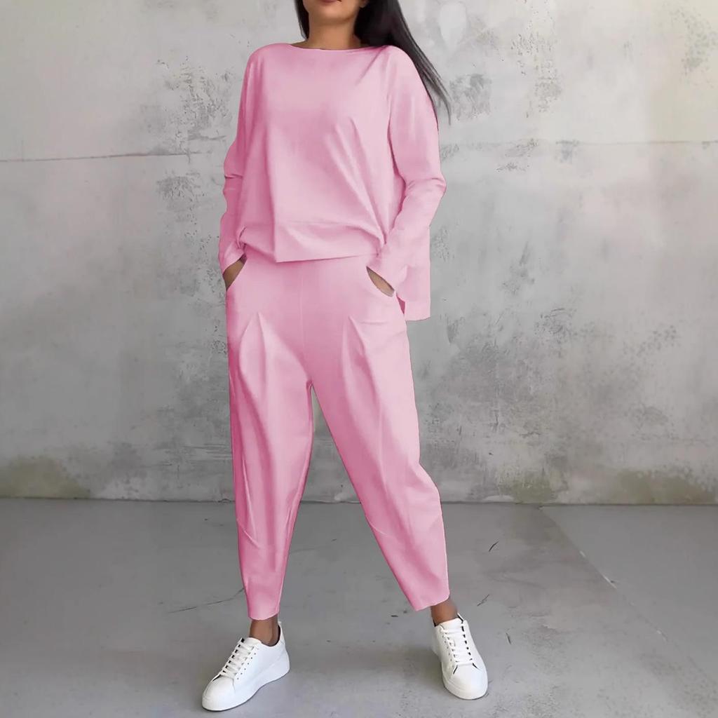 2025 Women's Solid Color Round Neck Long-Sleeve Suit with Pocket Pants