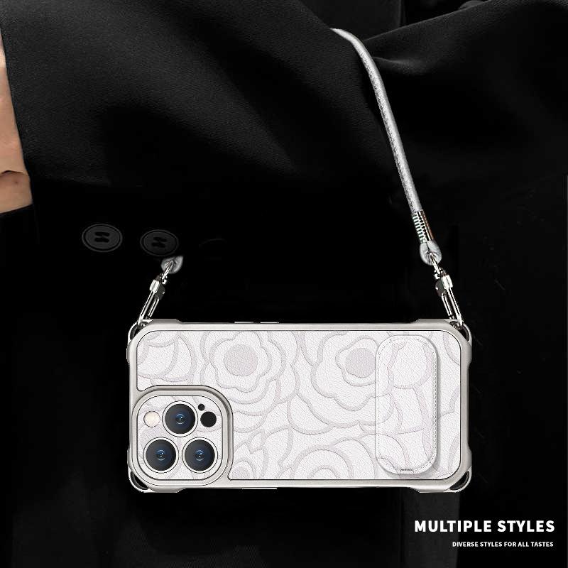Rose printing applies to Apple 17 mobile phone case iphone15 four-corner lanyard 16promax bracket 14 lambskin.