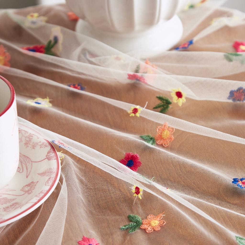 Yousheng Transparent Dining Table Mat Thin Visible Mesh Colorful Flower Embroidery Round Table Protector Decorative Table Cloth for Party Decoration