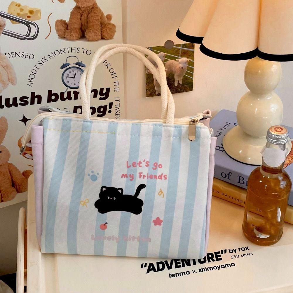 Handheld Cat Thermal Lunch Bag Large Capacity Insulated Lunch Box Bag Canvas Lunch Bag  Office