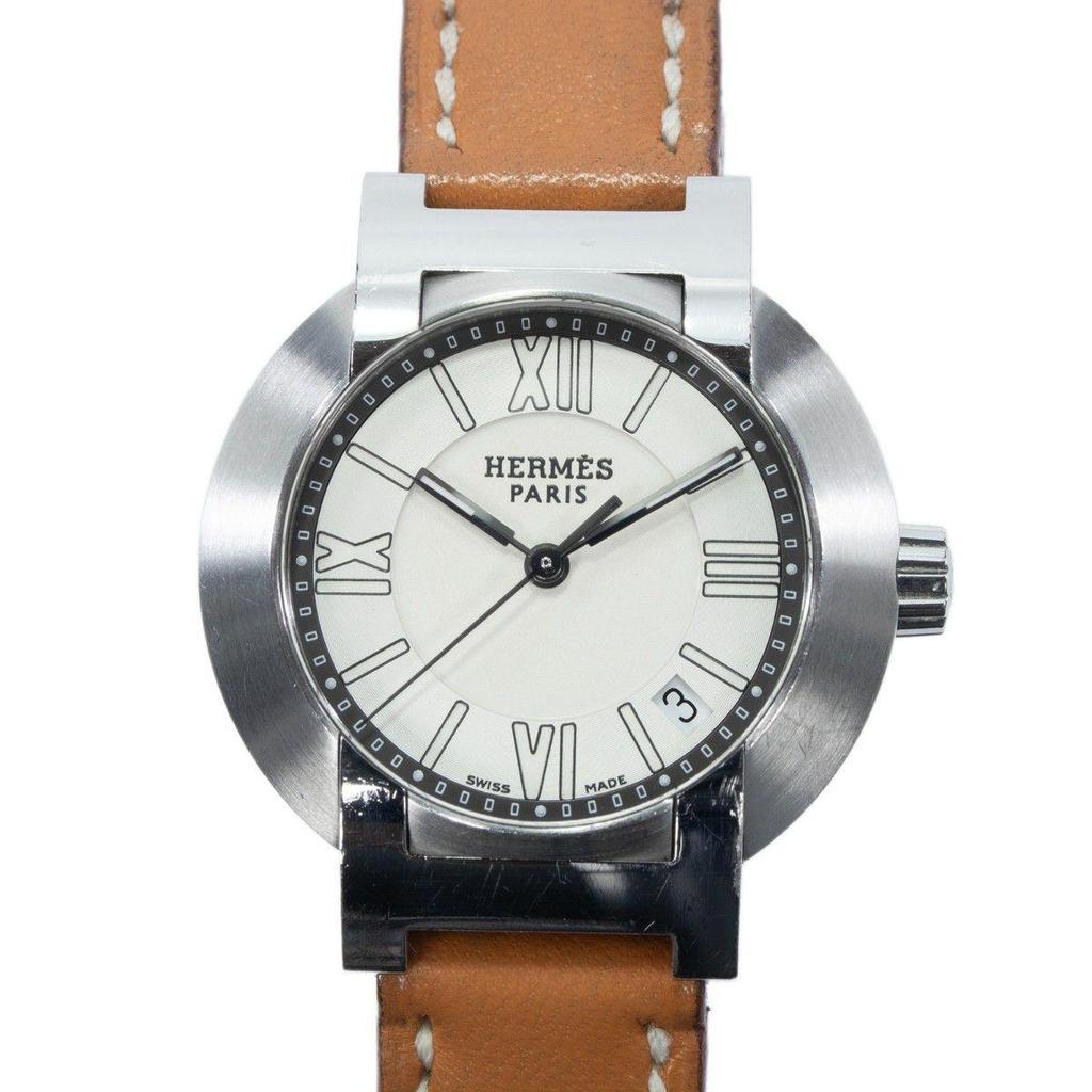 Used Working item Hermes Watch Rechargeable Auto Quartz 3 Hand Ladies Nomade N01.210 White Silver Brown Stylish Beautiful