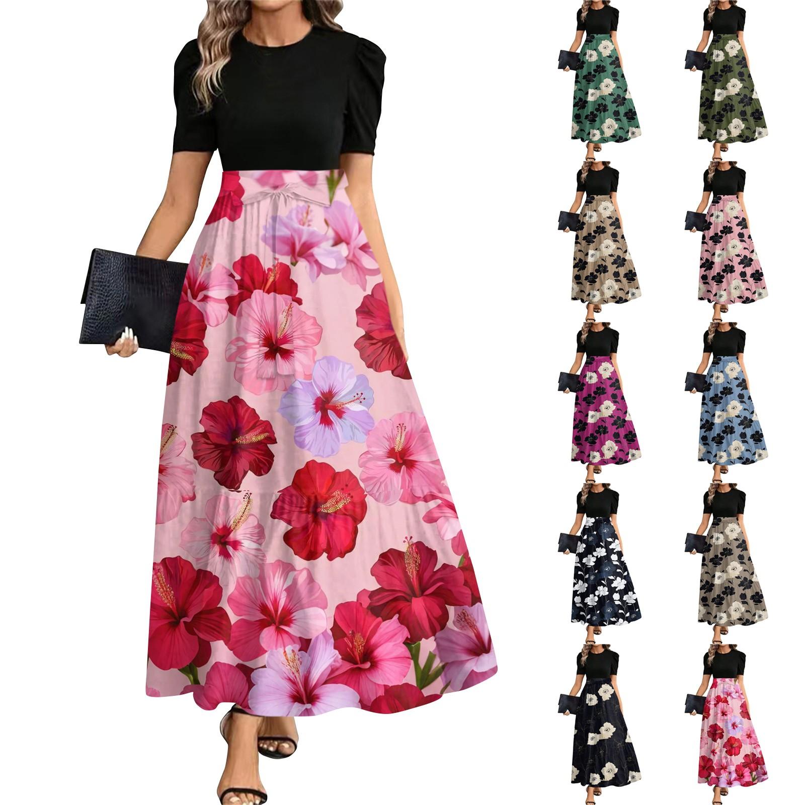 

Women s Fashionable Casual Belt Short Sleeved Round Neck Print Elegant Temperament Dress M