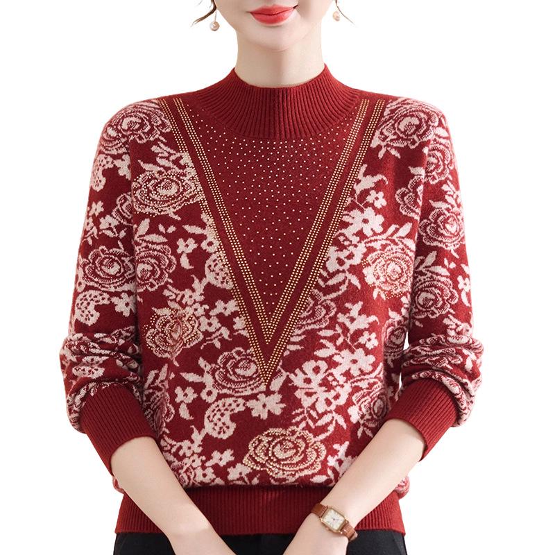 Chic Autumn/Winter Velvet-Lined Half-High Collar Warm Sweater for Stylish Middle-Aged & Elderly Women