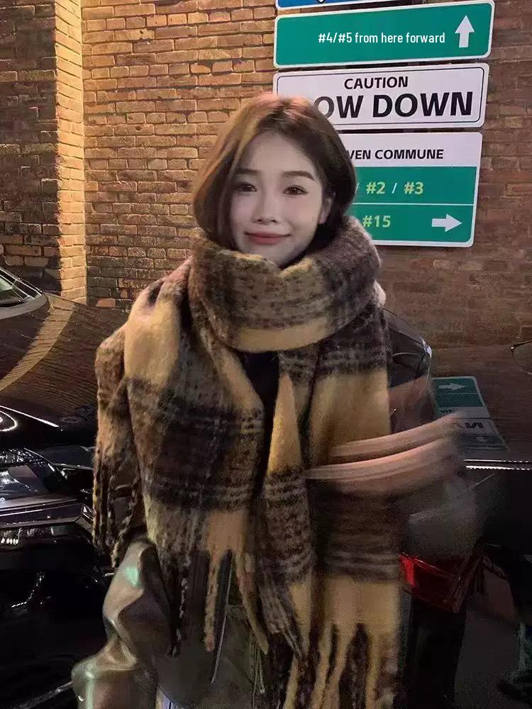Korean Style Imitation Cashmere Plaid Scarf - Women's Warm, Thick, and Versatile Neck Warmer for Fall and Winter.